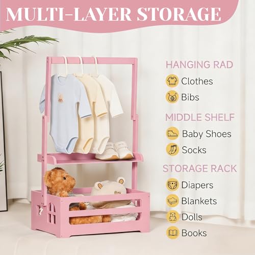 Baby Shower Crate Closet, Gender Reveal Storage Box with Wooden Baby Clothing Display Rack, Nursery Closet Organizer with Hanging Rod, Shelf & Toy Crate for Newborn Boy or Girl - Pink - color: Pink