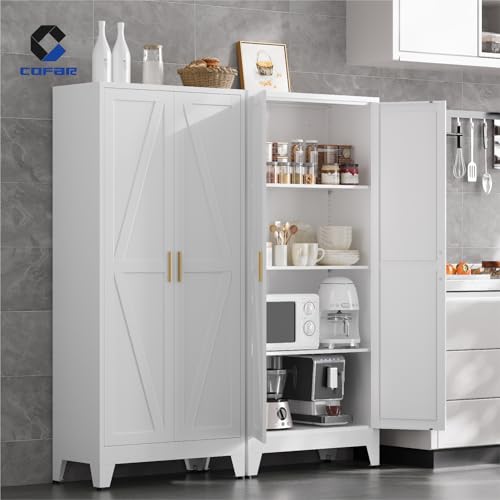 COFaR Metal Pantry Cabinet with Doors, Farmhouse 61'' Tall Storage Cabinet with 3 Adjustable Shelves, Kitchen Pantry Cabinet for Dinning Room, Laundry, Bathroom, Garage, White 4-Tier - color: White, size: 61 Tall 2 Doors-Farmhouse