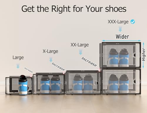 Kuject XXX-Large Shoe Storage Boxes Organizers Clear Plastic Stackable 12 Pack, Shoe Rack & Holder Substitute, Sneaker Containers, Toy Storage Organizer Bins for,Closet, Under Bed, Black(No Fold Line) - color: Black, size: XXX-Large