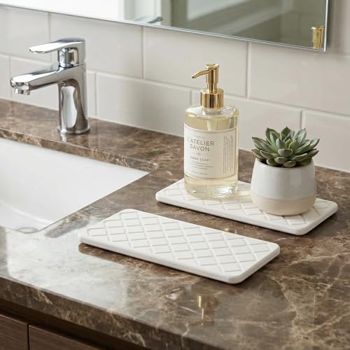 Small Fast Quick Dry Bathroom Counter Tray Water Absorbing Stone Trays for Sink Soap Dish Dispenser Sponge Holder Diatomite Stone Drying Mat for Kitchen Sink Tray White Bathroom Vanity Organizer Decor - color: White Quilted