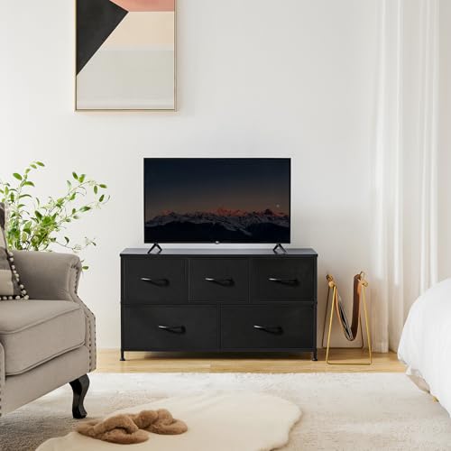 OLIXIS 5 Drawers Dresser for Bedroom, Fabric Storage Tower for Living Room, Entryway, Sturdy Steel Frame, Wooden Top & Easy Pull Fabric Bins - color: Black, size: 11.7"D x 38.6"W x 20.9"H (5 Drawers)
