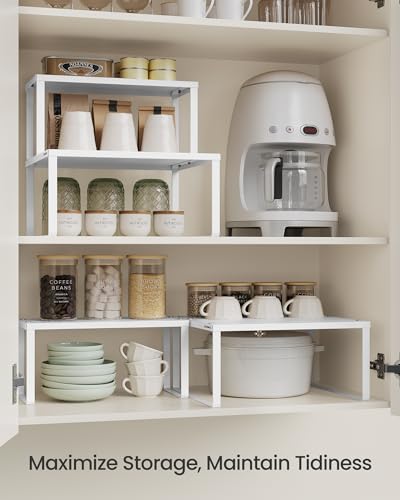 SONGMICS Spice Racks, Set of 2 Metal Cabinet Shelf Organizers, Countertop Organizers, Shelf Risers, Stackable, Expandable, White UKCS005W01 - color: White, size: 11"D x 12.6"W x 6.1"H + 5.5"D x 12.6"W x 6.1"H