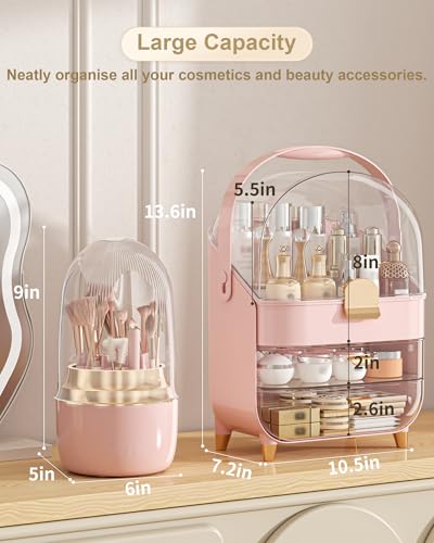 Makeup Organizer Countertop, Skincare Holder Bathroom Counter Organizer, Storage Box Cosmetic Display Cases, Teen Girl Gifts Make up Organizers (Pink/Brush) - color: Pink/Brush