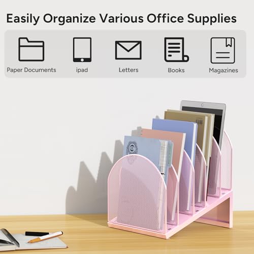 5-Section Desk File Organizer, Metal Mesh Folder Organizer for Documents, Mail & Office Papers (Pink) - color: Pink