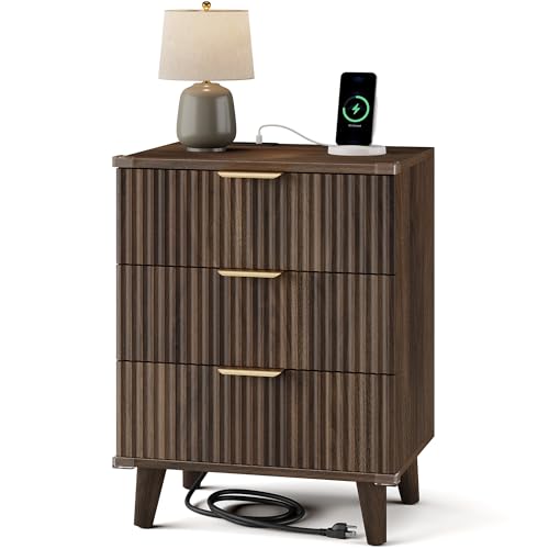 Lulive Wood Nightstand with Charging Station, 3 Drawers Fluted Design, Modern End Table for Bedroom Walnut - color: Walnut, size: 3 Drawers-Set of 1 Nightstand
