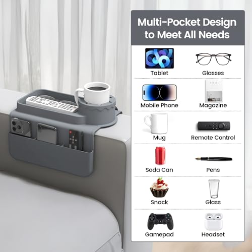 Couch Cup Holder Tray, Silicone Sofa Armrest organizer with Assesory Side Pockets for storage Remotes, Cell-phone,Tablet or Snack, Anti-Spill and Anti-Slip Couch Drink Holder Caddy(Gray) - color: Gray