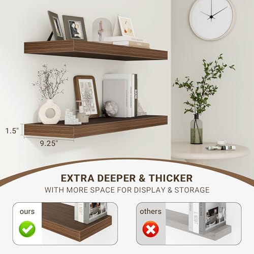 Acovy 16 Inch Floating Shelves, 16"x9.25"x1.5" Inch Deep Floating Shelves for Wall, Wooden Shelves for Bathroom, Bedroom, Living Room, Walnut, 2 Pieces - color: Walnut, size: 16"x9.25"-2pcs