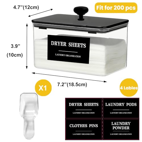 Dryer Sheet Holder Black Lid, Laundry Dryer Sheet Container Clear Detergent Pods Dispenser with Labels, Laundry Detergent Sheets Holder for Laundry Room Decor and Accessories - color: 1 Pack