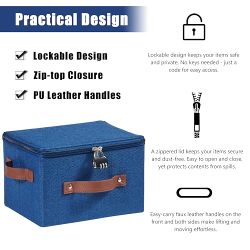 Storage Bins Boxes with Zipper Lid Combination Lock PU Leather Handles Cotton Linen Fabric Lidded Lockable Baskets Foldable Washable Closet Shelf Organizer Container (Deep Blue, Small) - color: Deep Blue, size: Small ( Set of 1 )