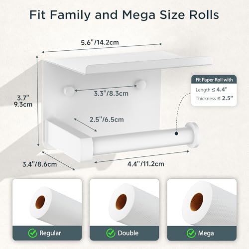 FORIOUS Toilet Paper Holder with Shelf, Adhesive or Screw Wall Mount Toilet Paper Roll Holder for Bathroom, Rustproof 304 Stainless Steel Toilet Roll Tissue Holder Dispenser with Shelf (1, White) - color: White