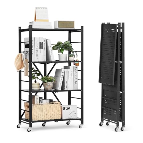 VEVOR 4-Tier Foldable Storage Shelf, 26W x 13D x 46H Inch Folding Metal Rack Shelving Unit, No Assembly Organizer Shelf with 5 Wheels & 4 Hooks for Pantry, Kitchen, Garage, Basement, Black - color: Black, size: 4-Tier