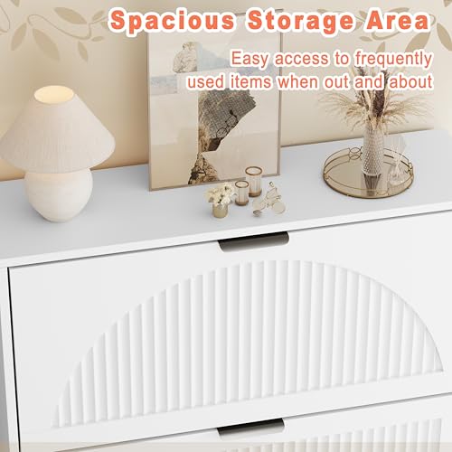 Shoe Storage Cabinet with 2 Flip Drawers, Narrow Wood Shoe Organizer Cabinet with Fluted Panel, Slim Shoe Rack for Entryway, Freestanding Shoe Cabinet for Living Room, Hallway, White - color: White, size: 2-Drawers