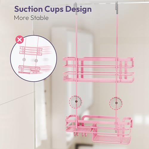 SWTYMIKI Shower Caddy Hanging Organizer - Over the Door Shower Caddy with Soap Holder, 11 Hooks, 2 Installation Ways, Stainless Steel Rustproof Bathroom Organizer, Pink - color: Pink