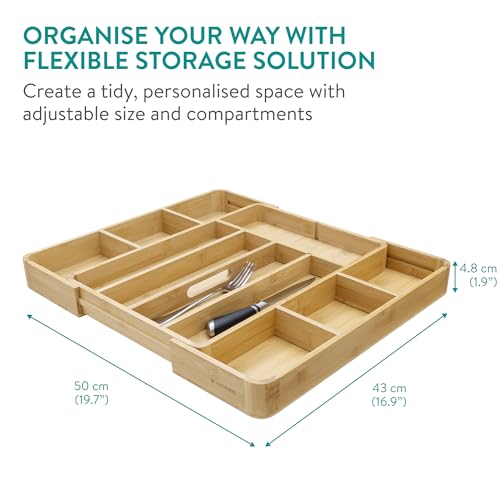 Navaris Bamboo Kitchen Drawer Organizer - Adjustable Silverware Organizer, Utensil Holder & Cutlery Tray - 11 Slots - Expandable Tray for Office, Tools, Makeup, Stationery