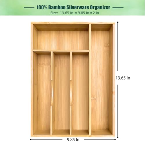 guiogc Bamboo Silverware Drawer Organizer, Silverware Organizer, Silverware Utensil Tray Holder and Cutlery Tray for Flatware and Kitchen Utensils - size: 9.85"Wx13.65"D (5-Slots)