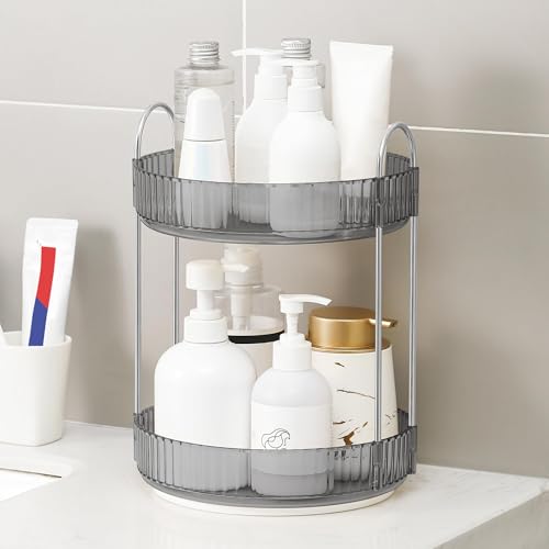 YCIA&DONE 360 Rotating Makeup Organizer and Storage for Vanity Countertop 2 Tiers, High Capacity Cosmetic Skincare Perfume Organizers for Dresser Bathroom Lazy Susan (Smoky Gray) - color: Smoky Gray, size: 9" (2 Tiers)