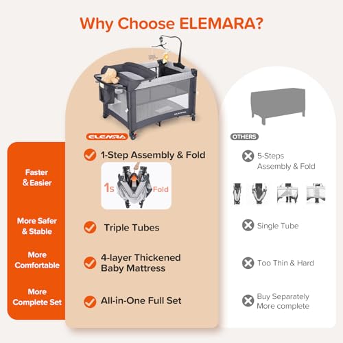 ELEMARA 4 in 1 Baby Bassinet Bedside Crib with Diaper Changer, Mattress, 1-Second Set up Bedside Bassinet with 3 Adjustable Height, Portable Crib with Storage/Toy Bar/Zip Door - style: 4 in 1 Baby Bassinet