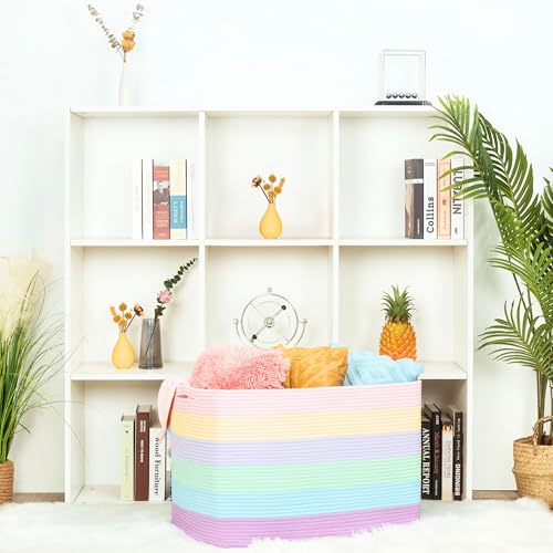 MINTWOOD Design 112L Extra Large Blanket Basket Holder Living Room, 25"x17"x16" Rectangle Rope Woven Storage Basket with Handles for Laundry, Towels, Shoes, Dog Toy Organizer Bin Box, Pastel Rainbow