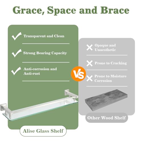 Alise Glass Bathroom Shelves Wall Mounted, 24 Inch Tempered Floating Shelves Bathroom, Stainless Steel Bathroom Glass Shelf - color: Brushed Nickel, size: 24 Inch