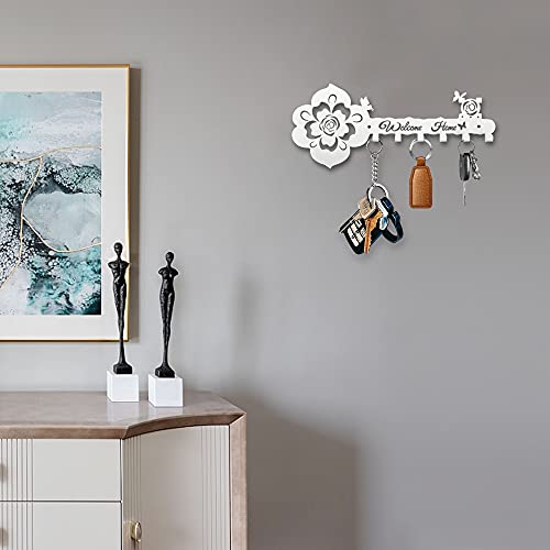 Deveosa Key Hooks Holder for Wall Decorative - Small White Entryway Welcome Home Sign Key Hanging Hangers Wall Mounted Racks - color: White Rose