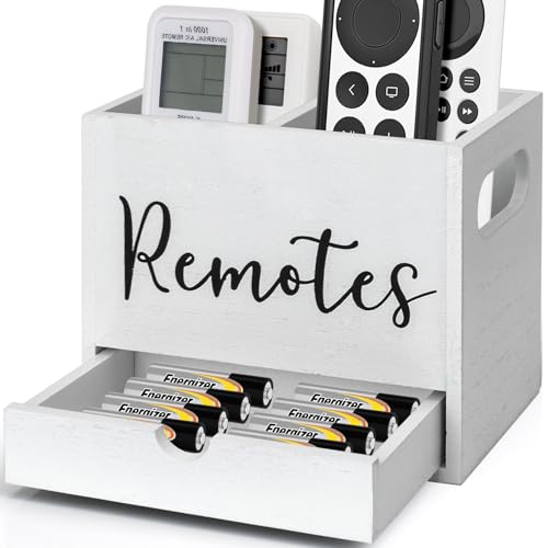 Remote Control Holder, 2 Slot TV Remote Holder& Desk Organizer with Drawers, Remote Organizer Caddy for Table, Wooden Remote Box for Nightstand,Media Storage Box for Living Room, Bed (White) - color: White-2 Slot