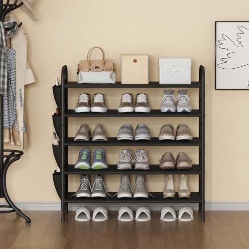 SUOERNUO Shoe Rack Storage Organizer 5 Tier Free Standing Metal Shoe Shelf Compact Shoe Organizer with Side Bag for Entryway Closet Bedroom,Black - color: Black, size: 5 Tier