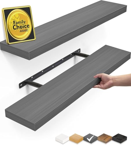 BAYKA Floating Shelves Grey, 22.5 inch Rustic Wood Wall Mounted Shelves for Bathroom, Bedroom, Living Room, Kitchen, Hanging Shelf for Books/Storage/Decor (Gray,Set of 2) - color: D. Grey - Industrial Edge Style, size: 22.5inches