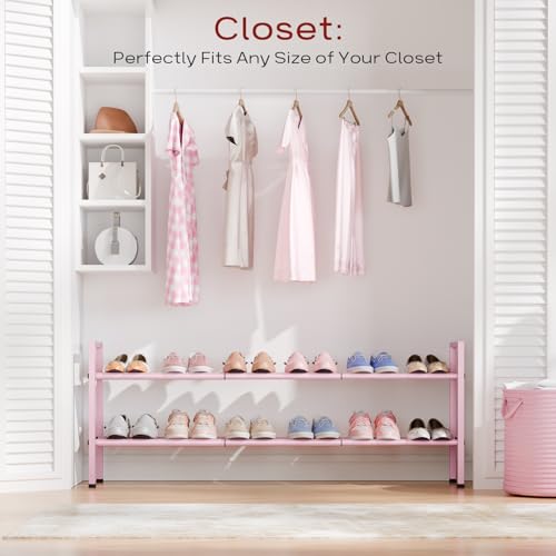 Bumusty 2-Tier Long Expandable Shoe Rack for Closet, 18"-44" Adjustable Shoe Rack for Entryway, 10-12 Pairs Large Shoe Organizer Shelf Storage, Sturdy Metal, Pink - color: Pink, size: 2-Tier