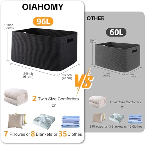 OIAHOMY XXLarge Rectangle Blanket Basket-96L, Cotton Woven Basket for Storage, Dirty Clothes Baskets for Living Room, Nursery, Bedroom, Toy Organizing with Handle, 24" x 16" x 15", Charcoal Black - color: Charcoal Black, size: 24”x16”x15”