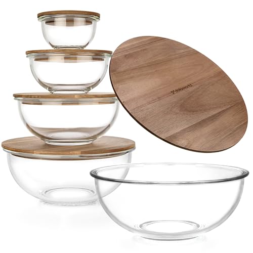Set of 5 Nesting Glass Bowls with New Updated Acacia Lids for Foodprep, Storage, Mixing & Cooking - Microwave & Oven-ready BPA Free Durable Heat Resistant Inert Borosilicate Glass - color: 5 Mixing Bowls with Acacia Lids