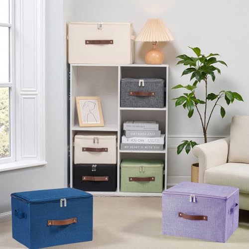 Storage Bins with Zipper Lid Foldable Fabric Lidded Storage Boxes Baskets Cubes Washable Collapsible PU Leather Handle Cotton Linen Shelves Closet Organizer Container(Dark Blue, Large Size) - color: Dark Blue, size: Large ( Set of 1 )