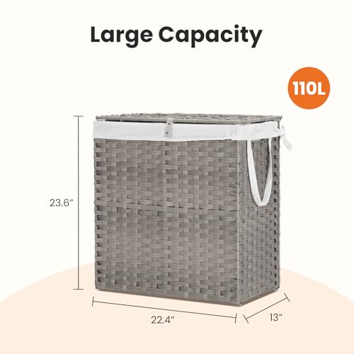 110L Laundry Hamper with Lid, Hand-Woven Pp Rattan Laundry Basket with Compartments & Handles, Removable Liner Bags,Foldable, Narrow Dirty Clothes Basket, Grey - color: 110L-Grey