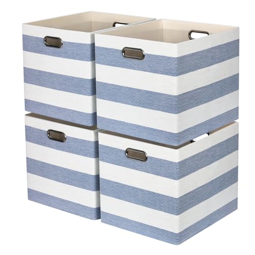 13x15x13 Storage Cube Bins, Foldable Storage Cubes, Fabric Organizer Basket Bin, Striped Containers Decorative Storage Boxes for Shelves Wardrobe Closet Home Office, 4 Pack, Blue/White - color: Blue/White