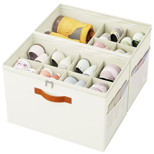 Shoe Organizer for Closet, 2-Pack Foldable Shoe Storage Box with Adjustable Dividers & Clear Cover, Fits 16 Pairs, Beige, Durable and Space-Saving - color: Beige, size: 2 Pack