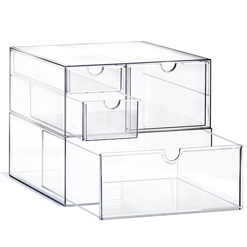 Prsildan Acrylic Drawer Makeup Organizer with 4 Drawers, Set of 2 Office Desk Organizers Accessories, Clear Stackable Storage Drawers for Vanity, Countertop, Craft, Jewelry, Art Supply Organization - style: 4 Drawers