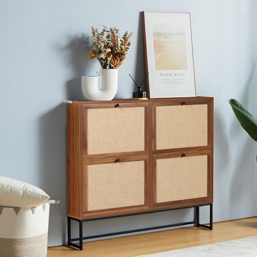 Shoe Cabinet, Shoe Storage Cabinet with 4 Flip Drawers, Freestanding Shoe Organizer Shoe Rack for Entryway, Hallway, Living Room (Walnut - 4 Tiers) - color: Walnut - 4 Tiers