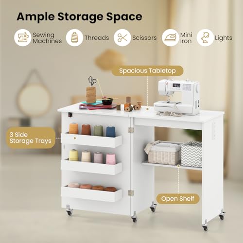 Giantex Folding Sewing Table with Charging Station, Rolling Craft Table with Storage Trays & Shelf, Foldable Sewing Machine Cabinet Desk with Lockable Wheels for Small Spaces (White) - color: White