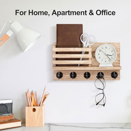 Lwenki Key Holder for Wall – Decorative Wooden Mail Holder and Key Shelf with Mounting Hardware, Installation Guide – Paulownia Wood with Metal Key Hooks (Wood, Large - 11.8inch) - color: Wood, size: Large - 11.8inch