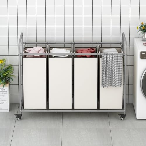 Laundry Sorter 4 Section Hamper Sorter with Heavy Duty Lockable Rolling Wheels Removable Bags Basket Separator for Dirty Clothes Storage, Beige - size: 4 Bags Beige