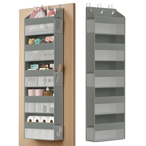 SONGMICS Over-the-Door Organizer, 5-Tier Door Hanging Storage Shelf, Heavy-Duty Closet Hanging Organizer Foldable, Transparent, Pockets, Metal Hooks, Dove Gray URDH010GD01 - color: Dove Gray