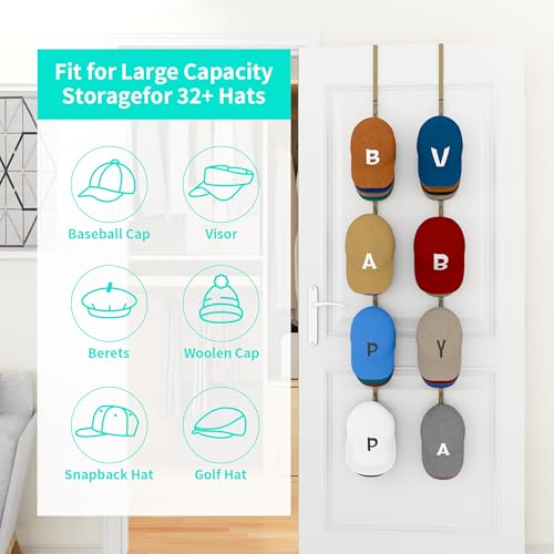 HapiRm Over Door Hat Rack - 2 Packs Hat Organizer with 8 Hooks Design, Hanging Baseball Cap Organizer Storage Holds Up to 40 Caps for Door, Bedroom, Closet (Gold) - color: Gold, size: 2 Pack