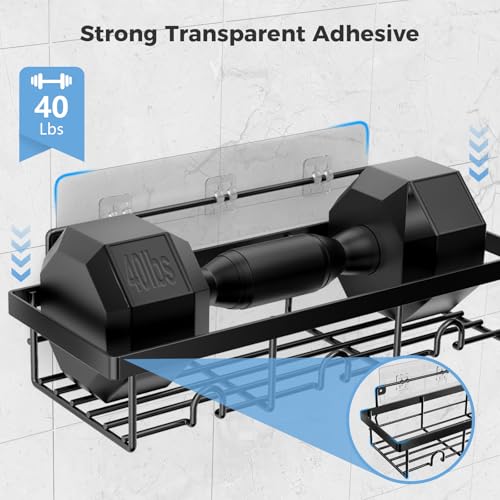 Adhesive Shower Caddy 4-Pack, Rustproof Stainless Steel Shower Organizer, Shower Shelves for Inside Shower Storage, Heavy-Duty No-Drill Rack with Built-in Hooks for Bathroom & RV - color: Black