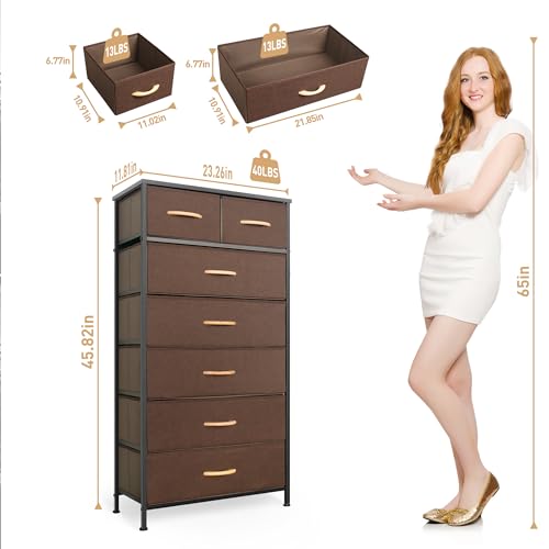 Mifuro Tall Dresser for Bedroom, Vertical Storage Organizer Tower with 7 Drawers, Chest of Drawers with Fabric Bins, Steel Frame, Wood Top for Bedroom, Closet, Entryway- Brown - color: Brown, size: 7 Drawers