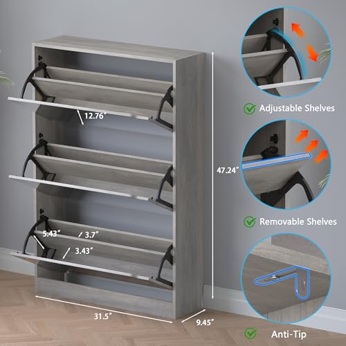 BORNOON Shoe Cabinet with 3-Flip Mirror Drawers, Freestanding Shoe Rack Organizer with Hidden Handle, Slim Narrow Shoe Storage Cabinet for Entryway, Entrance, Hallway, Bedroom - color: Grey, size: 3-Drawer with Mirror