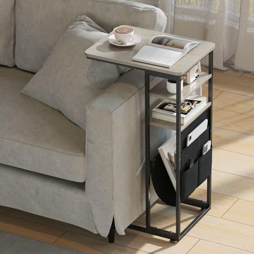 C Shaped End Table 28"(H) 3-Tier C Table with Storage Bag, Under Couch Table C-Shaped End Table with Storage Shelves and Bag for Living Room, Bedroom, or Office - color: Oak, size: Wood