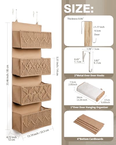 ANTIS'S HOME Nursery Over The Door Organizer Boho Decor Nursery Storage with 4 Large Woven Pockets, Macrame Nursery Organizers and Toys Storage, Behind Door for Bathroom, Bedroom, Brown - size: Brown-4 Pockets