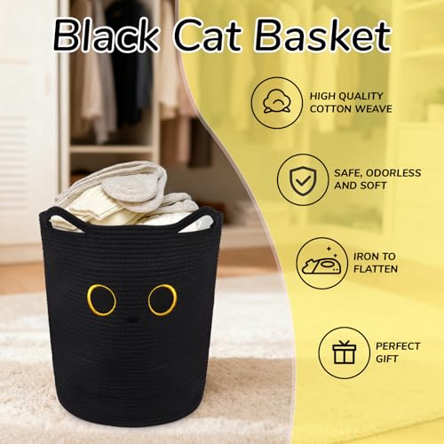 Tall Black Cat Laundry Basket for Nursery, Cute Large Woven Cotton Rope Blanket Storage Basket, Baby 0rganize Blanket Shower Hamper Box with Handles, 53L Clothes Bins, 15"D×18.1"H - color: Black, size: 15 × 18 inches