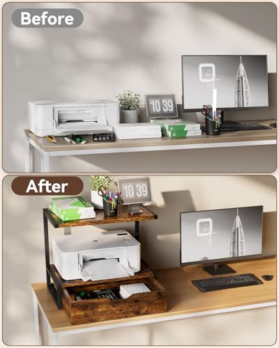 IBUYKE 2 Tier Desktop Printer Stand,Printer Table with Storage Shelf,Multi-Purpose Desk Organizer for Folders,Books,for Fax Machine, Scanner,Home Office,Brown TLJ015H - color: Brown