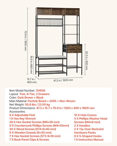 VEVOR Hall Tree with Bench and Shoe Storage, Entryway Bench with Coat Rack, 2 Drawers, 3 Storage Cubbies, 3 Open Shelves, Coat Hooks with Soft Cushion for Entryway, Hallway - size: 70.9" * 47.2"