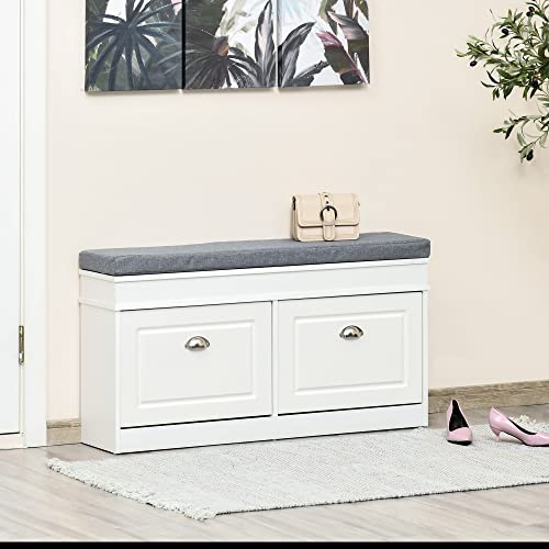 HOMCOM Modern Shoe Rack Bench for Entryway, Storage Organizer with Cushion, 2 Drawers, Adjustable Shelf, Holds 8 Pairs, White - color: White
